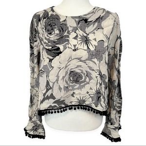 NWT Line & Dot | Women's B&W Floral Pom Pom Trim Long-Sleeve Hi-Lo Blouse